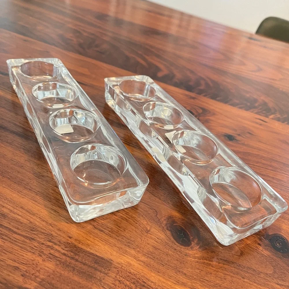 Pair CRATE & BARREL CLEAR HEAVY GLASS 4 VOTIVE BLOCK BAR WEDDING TABLE BANISTER